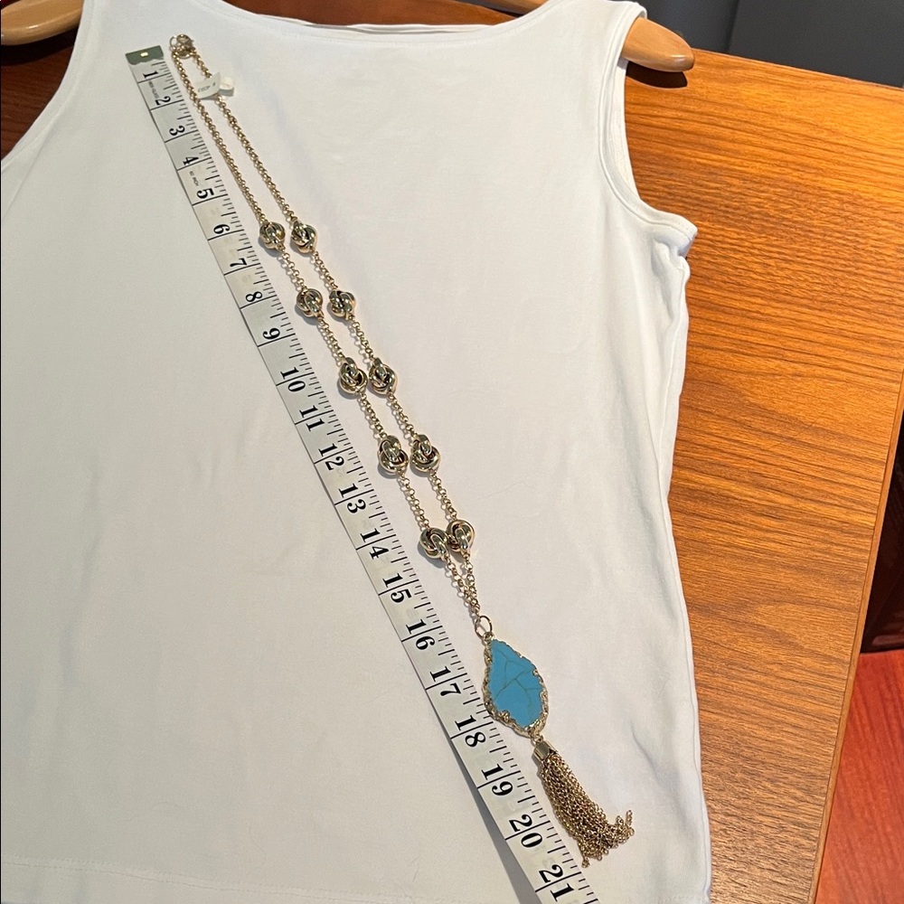 Elegant Gold Knotted Chain and Turquoise Colored Pendant with Tassel Necklace - Picture 9 of 9